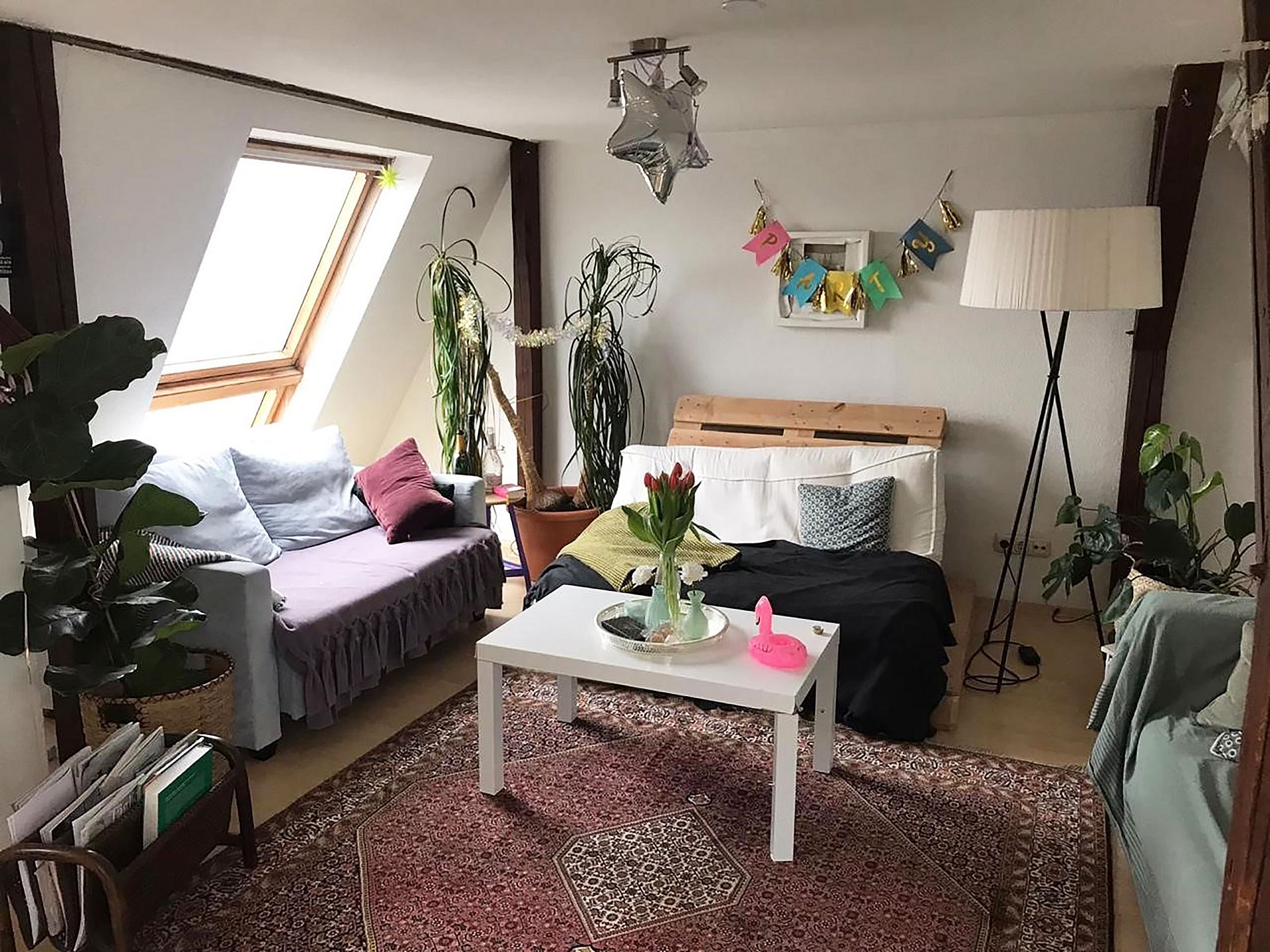 Blick in ein WG-Wohnzimmer. Hier stehen mehrere kleine Sofas um einen kleinen Tisch herum. Im Hintergrund sind Pflanzen und Party-Girlanden.