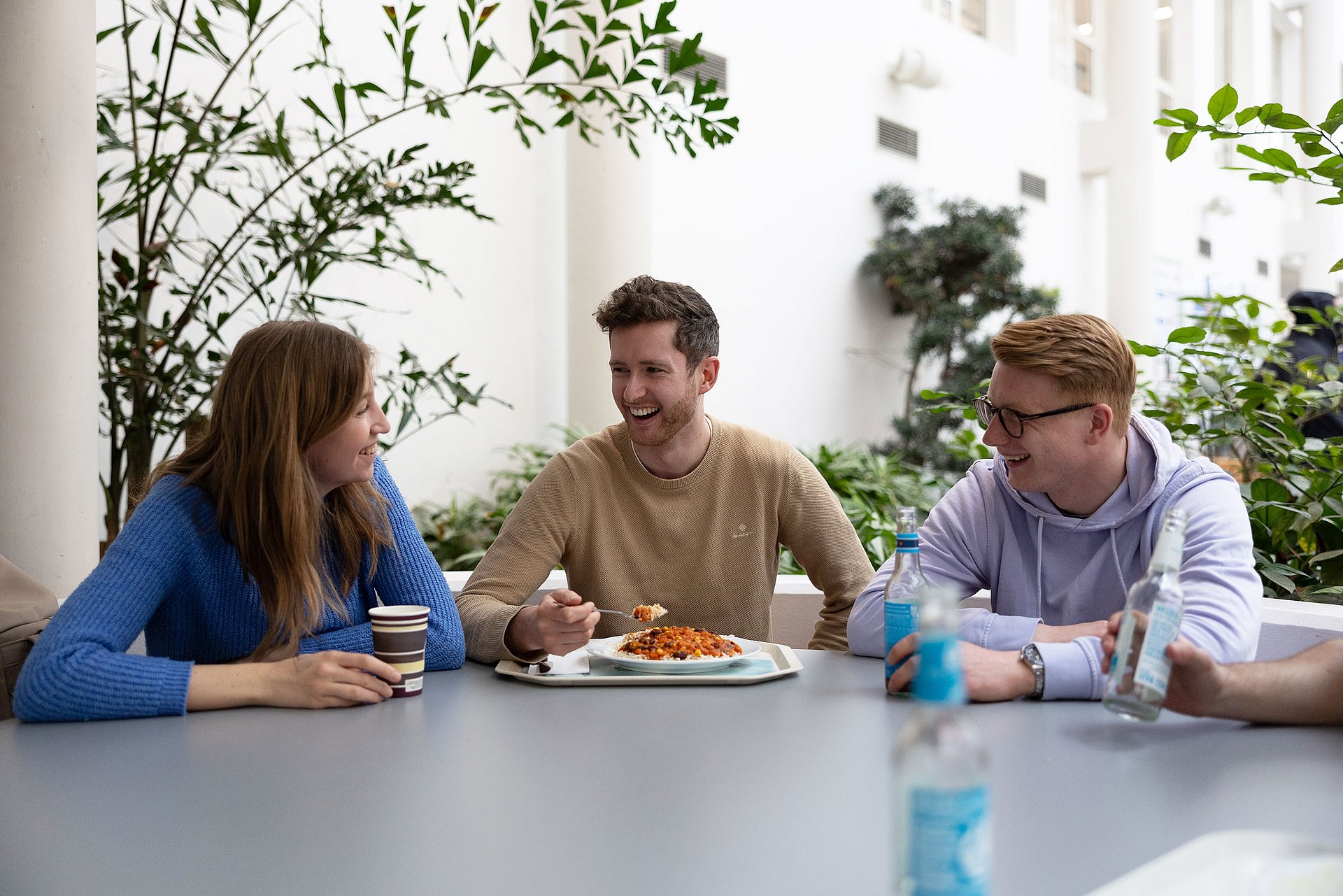 Drei Studierende sitzen gemeinsam beim Essen. Vor ihnen stehen Teller und Getränke. Im Hintergrund sind Pflanzen.