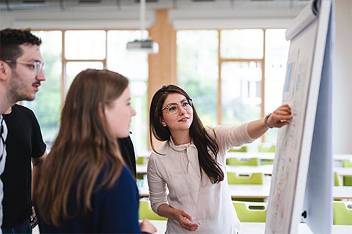 Studierende im Fach Management (B. Sc.) an der UW/H arbeiten am Flipchart.