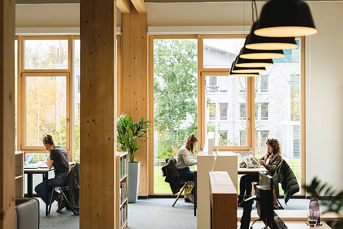 Studierende sitzen und lernen an Arbeitsplätzen in der Bibliothek. Zwischen ihnen stehen Bücherregale. An der Decke hängen große Lampen.