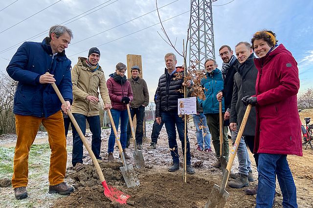 Martin Butzlaff, Dirk Jakobs, Anja Kummer, Lars König, Benjamin Greulich, Robin Vieten und Annaliesa Hilger stehen um den eingepflanzten Baum