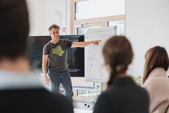 Ein Dozent im berufsbegleitenden Studium Witten MBA zeigt auf ein Flipchart. 