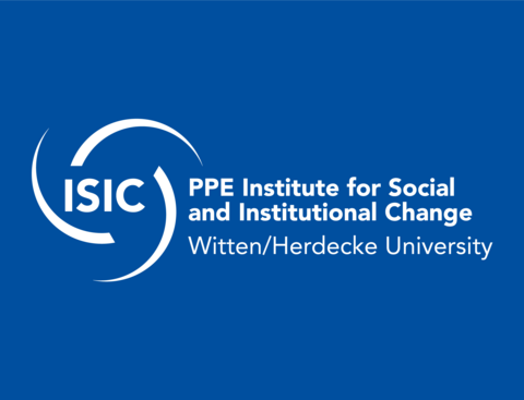 Weißes Logo des PPE Institute for Social and Institutional Change (ISIC) der UW/H auf dunkelblauem Hintergrund