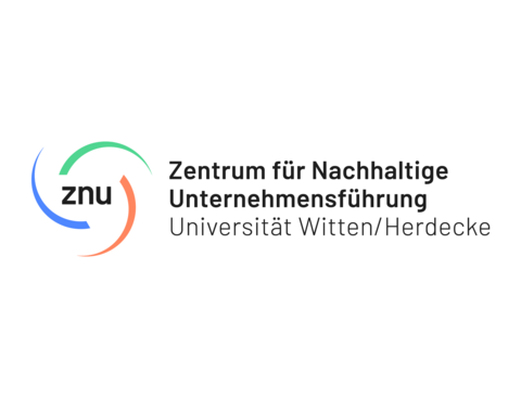 Weißes Logo des Zentrums für nachhaltige Unternehmensführung (ZNU) der UW/H auf türkisfarbenem Hintergrund