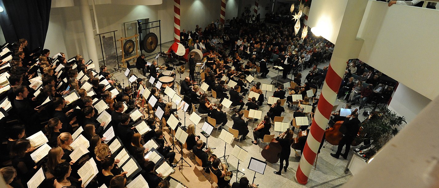 Bird's eye view of the university choir and orchestra