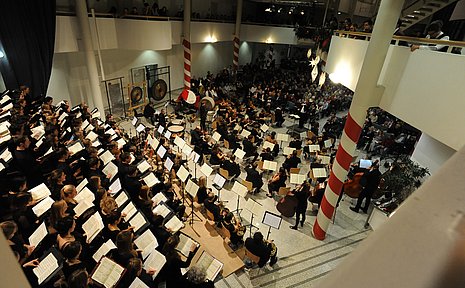 Bird's eye view of the university choir and orchestra