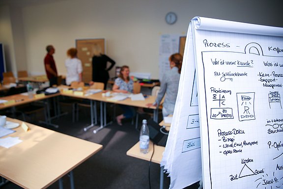 Flipchart mit Grafiken im Vordergrund, im Hintergrund reden fünf Personen.