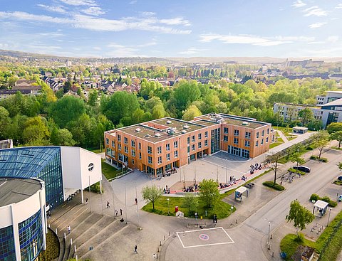 Drone image of two buildings