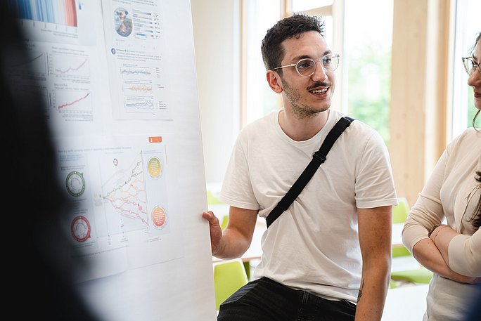 Ein Student im Fach Social Data Science (B. Sc.) erläutert ein Thema am Flipchart.