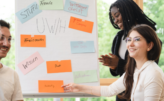 5 Studierende sitzen gemeinsam in einem Kursraum. In der Mitte ist eine Flipchart aufgebaut.