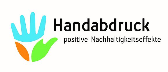 Grafik einer bunten Hand, daneben der Schriftzug "Handabdruck - positive Nachhaltigkeitseffekte"