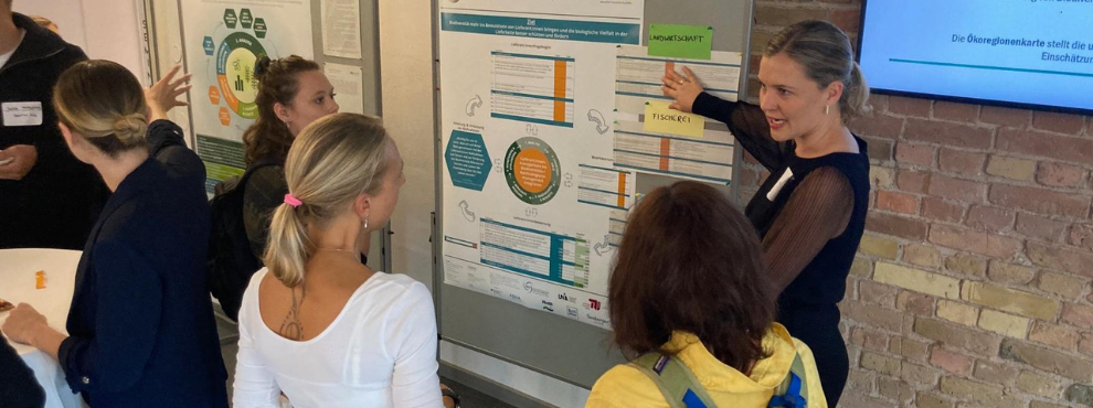 Participants stand in front of a metaplan wall with a poster and talk to Verena Timmer from ZNU.