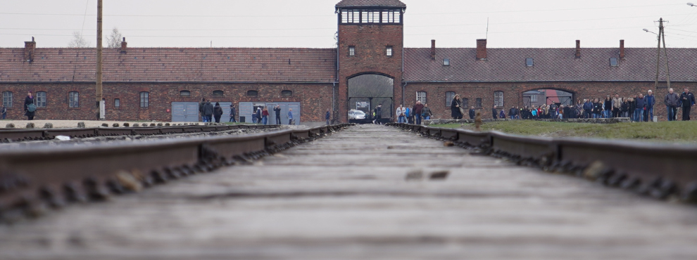 In the foreground you can see blurred railroad tracks. In the background is the Auschwitz concentration camp, surrounded by a few people.