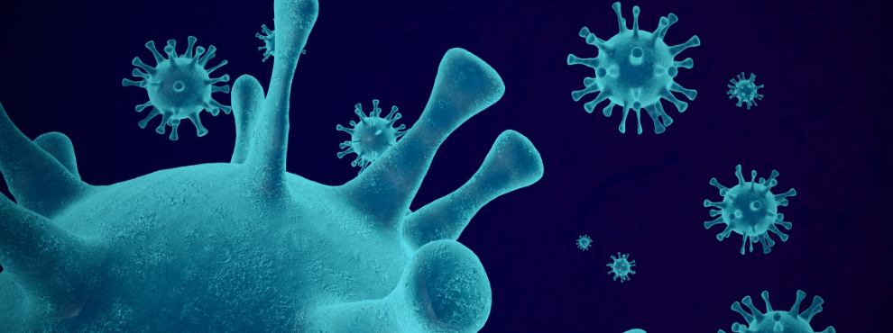 A microscopic image of a virus in blue against a black background.